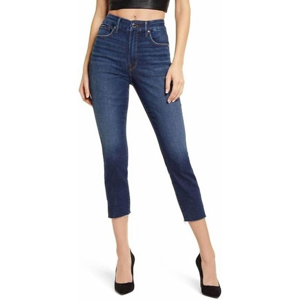 Good American Good Waist Always Fits (14-18) Crop High-Rise Dark Wash Raw Hem
